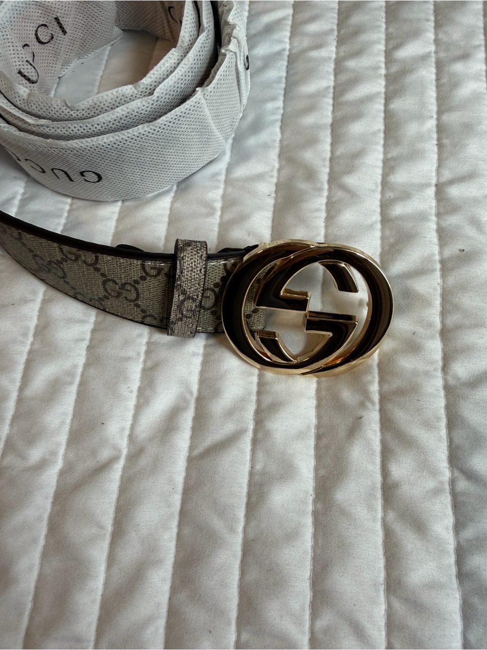 Men's Gray GG Monogram Belt with Antique Gold Interlocking G Buckle